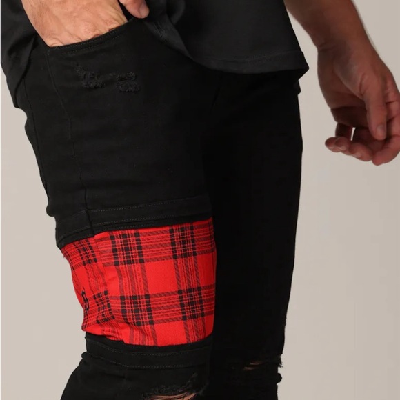 Saint Morta Sideline Distressed Skinny Jeans Men’s 34 Black/ Red Tartan - Picture 3 of 15